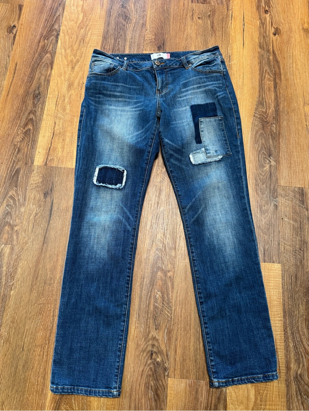 CAbi Indigo Patchwork Straight-Leg Jeans